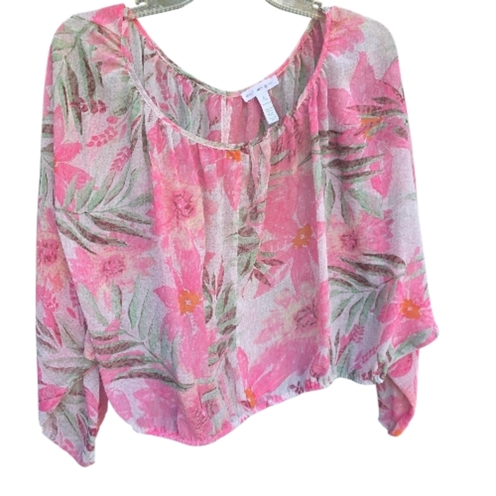 Ambiance Floral Pink Sheer Women's Top Small P2P 30"